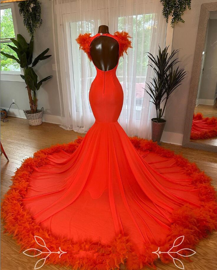 Orange Long Sparkly Mermaid Evening Ceremony Party Dresses for Black Girl 2024 Crystal Feather Prom Birthday Formal Gala Dress