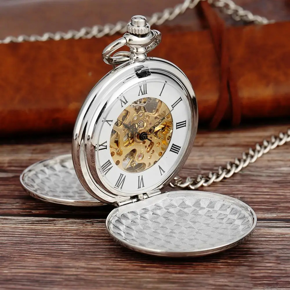 ly arrived silver smooth double full hunter shell steampunk skeleton dial mechanical pocket watch with chain gift 241108