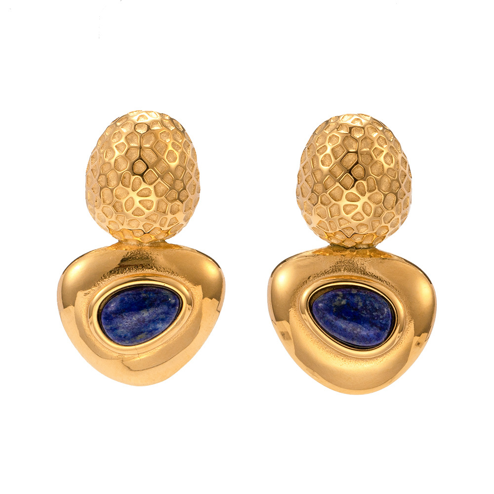 Fashionable 18k Gold Stainless Steel Earrings for Women's Lapis Lazuli Oval Hammer Pattern Connection Triangle Banquet Party Designer Earrings