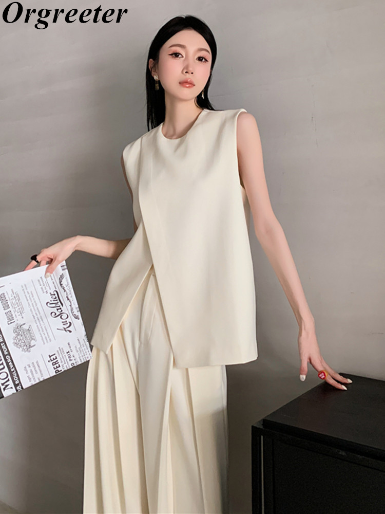 Summer 2 Piece Set Women Outfits Elegant OL Sleeveless Tank Blouse + Draping Double Pleats Pants Two Piece Sets Trousers Suits