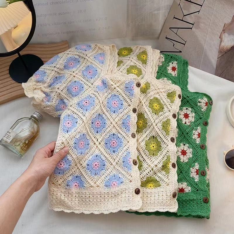 Vintage Flower Crochet Crop Top Casual Women Knitting Short Sleeve Embroidery T-Shirt Cute Elegant Square Collar Blouse P751