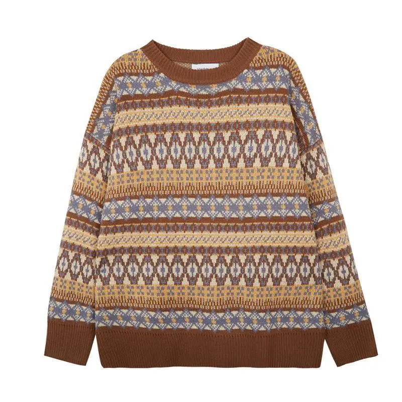 Contrasting Color Lazy Style Loose Couple Jacquard Knitted Sweater Retro Causal High Street Sweaters Jacket Men Women Pullovers 241111