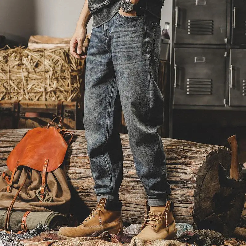 Mens Trendy American Classic Retro Streetwear Y2K Harem Denim Pants Autumn Casual Loose Straight Cargo Jeans Pantalones Hombre 241111