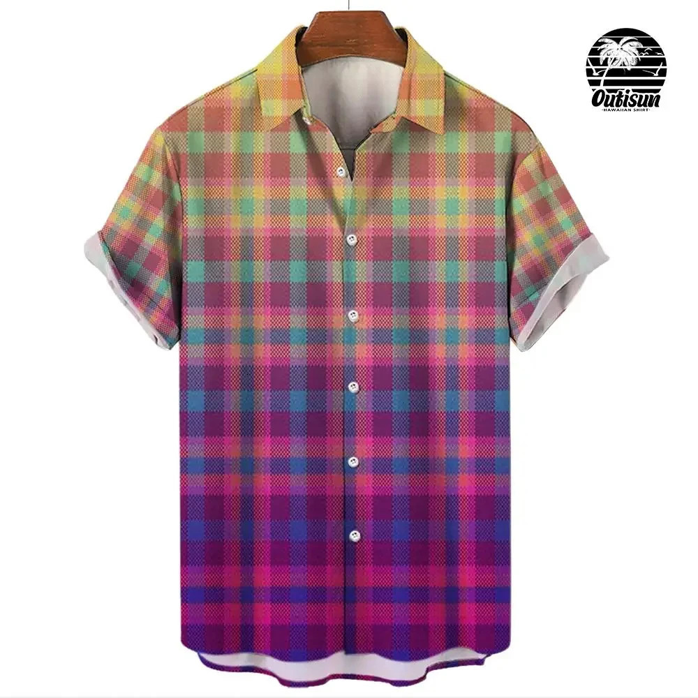 Summer fashion plaid rainbow print mens short sleeved casual shirt Pride Month party clothing street trend party excessive 241111