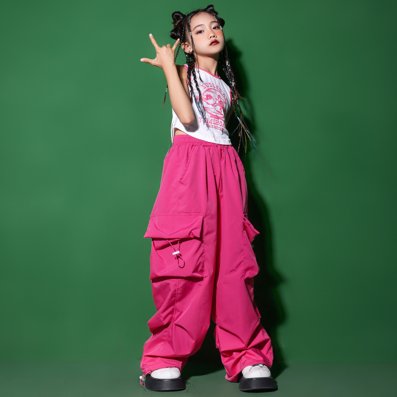 Girls Hip Hop Rose Pink Cargo Pants Teenage Crop Tops Vest Street Dance Joggers Children Streetwear Kids Jazz Clothes Sets