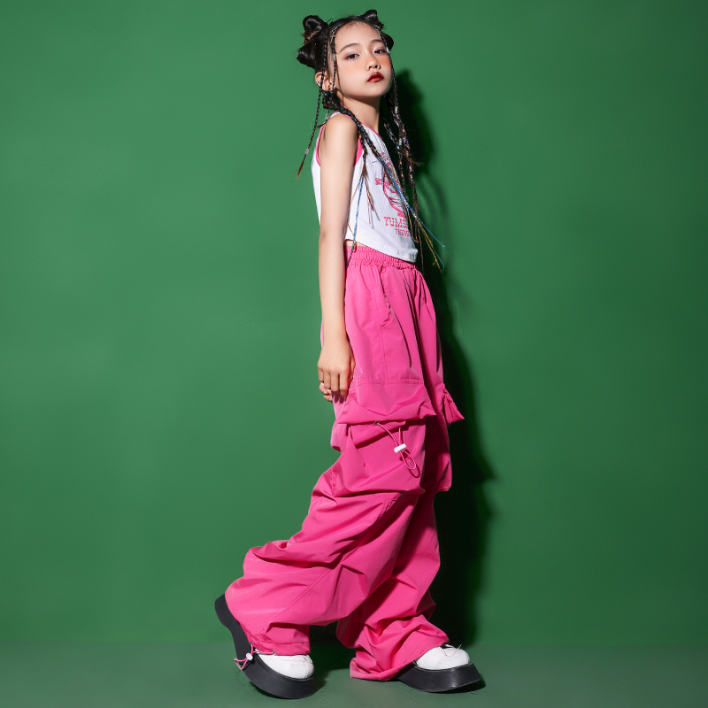 Girls Hip Hop Rose Pink Cargo Pants Teenage Crop Tops Vest Street Dance Joggers Children Streetwear Kids Jazz Clothes Sets
