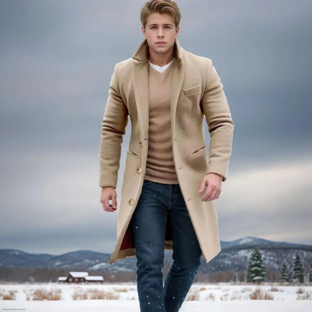 Woolen Coat Men Jacket Elegant Mens Woolen Coat With Lapel Pockets Single Breasted Long Sleeve Jacket Solid Color For Winter 241111