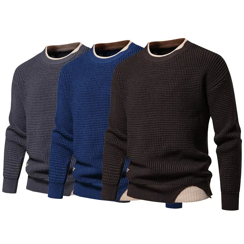 Winter Knitted Sweater Mens Round Neck Solid Color Fashionable Sweaters Thick Style Clothes 241111