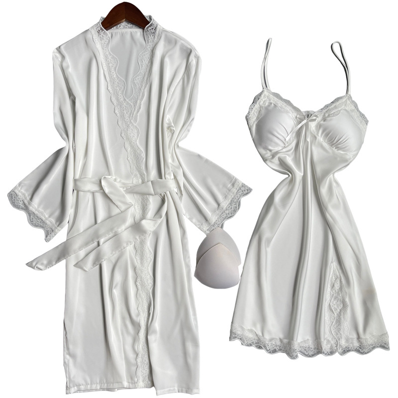 Black Lace Twinset Robe Set Sexy Women Silky Satin Sleepwear Kimono Bathrobe Gown Suit Spring Summer Nightgown Homewear
