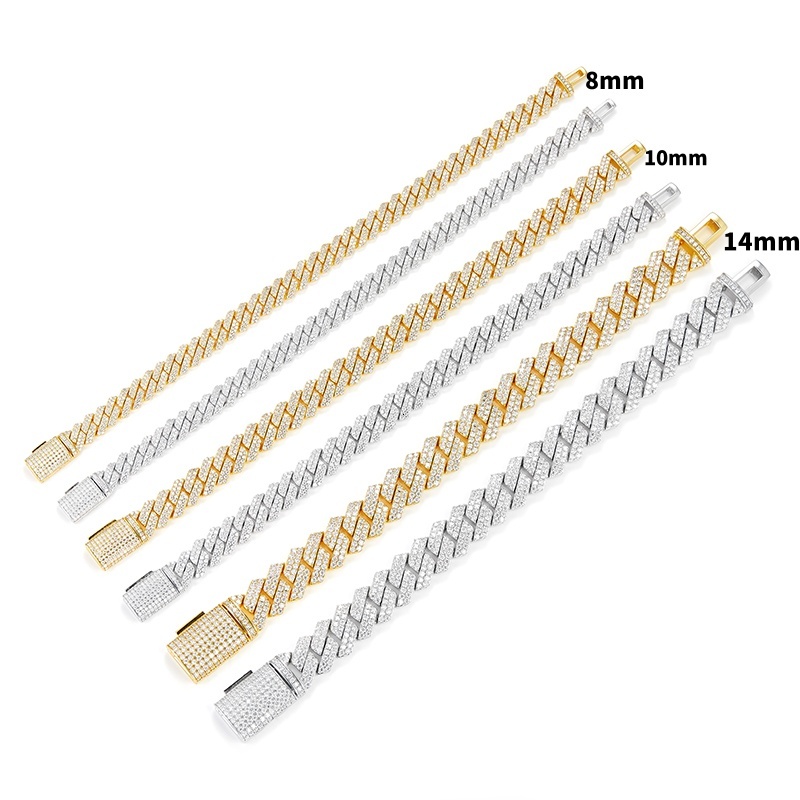 8mm 10mm 14mm 2 row k S 14k rhodium rose gold color vvs moissanite cuban chain passed dia tester