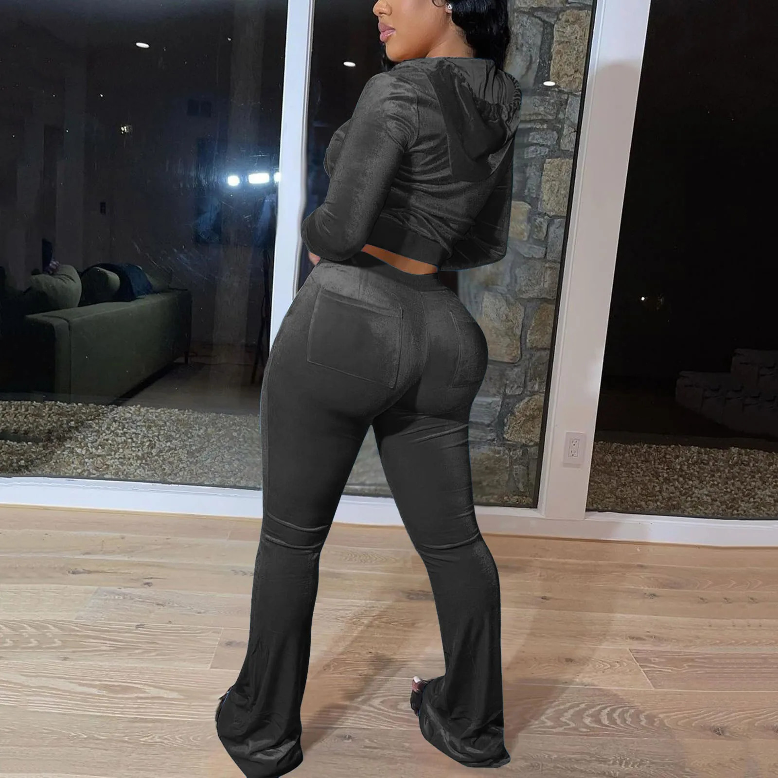 Women Tracksuit 2 Piece Flared Pants Slim Fit Velour Velvet Sweatsuit Casual Zip Up Hoodie Jacket Sweatpants Vintage Trousers 241111