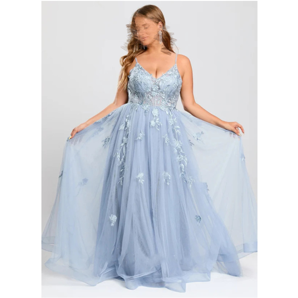 A Line Prom Evening Woman Tulle V Neck Long Elegant Formal Ocn Dresses Sleeveless Party Tail Gown