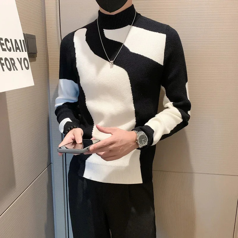 AutumnWinter Colored Half Turtleneck Sweater Men Long Sleeve Slim Fit Casual Pullover Social Underlying Knitwear Tops 241111