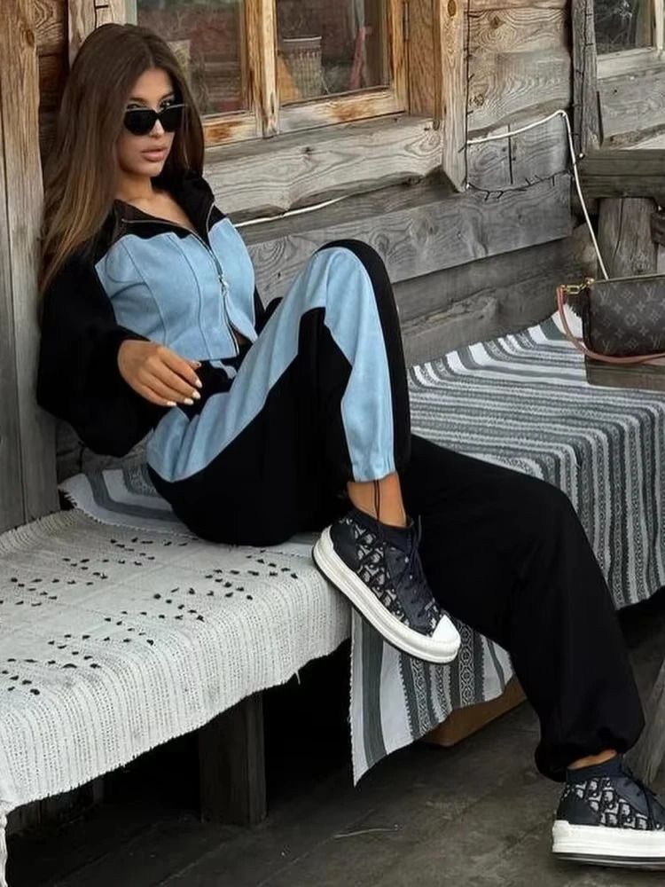 Fashion Patchwork Denim 2 Piece Sets Women Outfit Slim Hoodies Crop Top Wide Leg Sweatpants Suit Streetwear Casual Tracksuits 241111