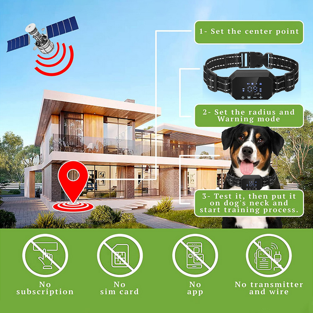 GPS Wireless Dog Fence Electric Shock Vibrate Range 100-3300 Ft Adjustable Warning Strength Rechargeable Pet Containme