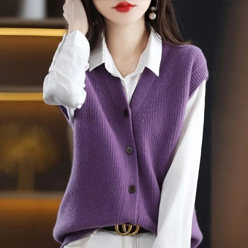 Womens Autumn Winter Vneck Solid Color Knitted Cardigan Button Korean Loose All Match Sleeveless Sweater Vest Tops 241111