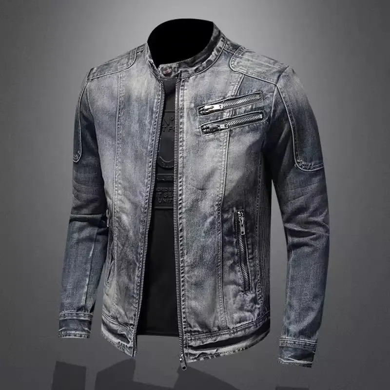 European style mens denim jacket with unique retro slim fit and fashionable casual top 241108