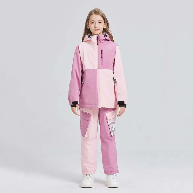 2025 New Winter Patchwork Girl Outdoor Skiing Windproof Waterproof Breathable Children Ski Set Sports Hooded Zipper Suits