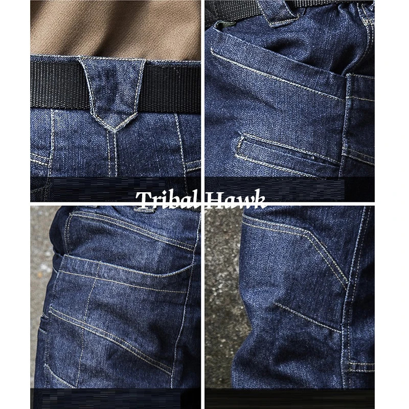 Men Tactical Pants Combat Denim Work Jeans Cargo Spring Casual Male Trousers Multi Pockets 241111