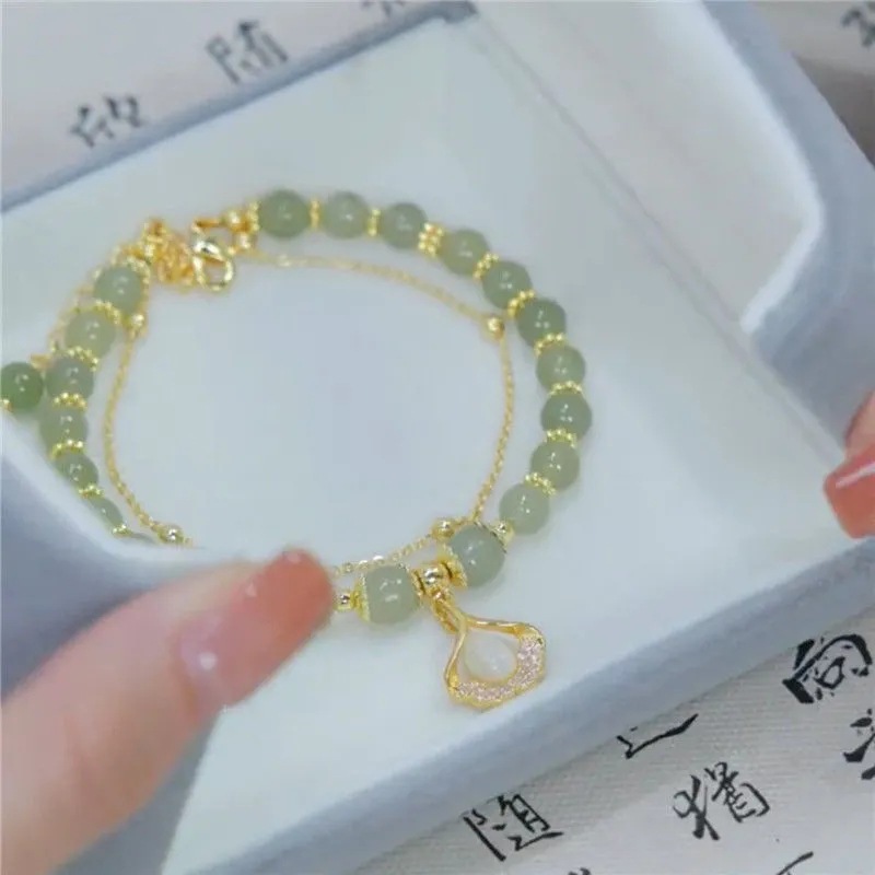 VENTFILLE Gold Color For Women's Hetian 2025 Jade new Bracelet Leaves Double Layer Jewelry Girls Gifts Dropshipping