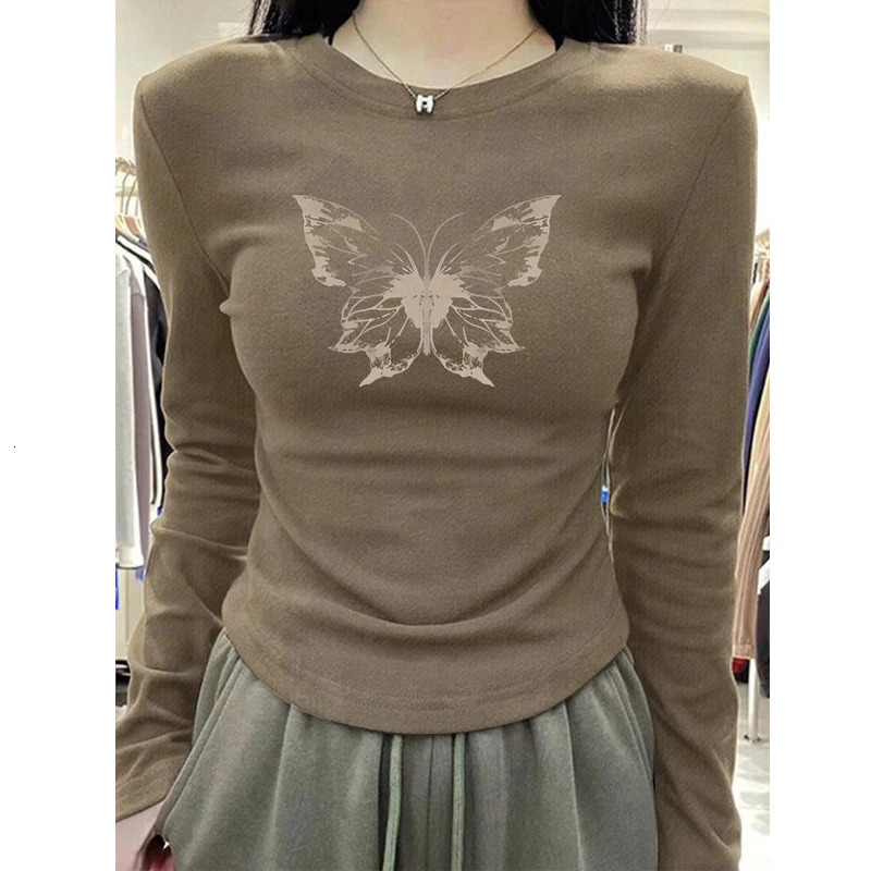 Autumn Winter Women Fashion Print Thick Skinny Sexy Short Tops Y2K Female Casual O Neck Long Sleeve Basic Tshirt 241108