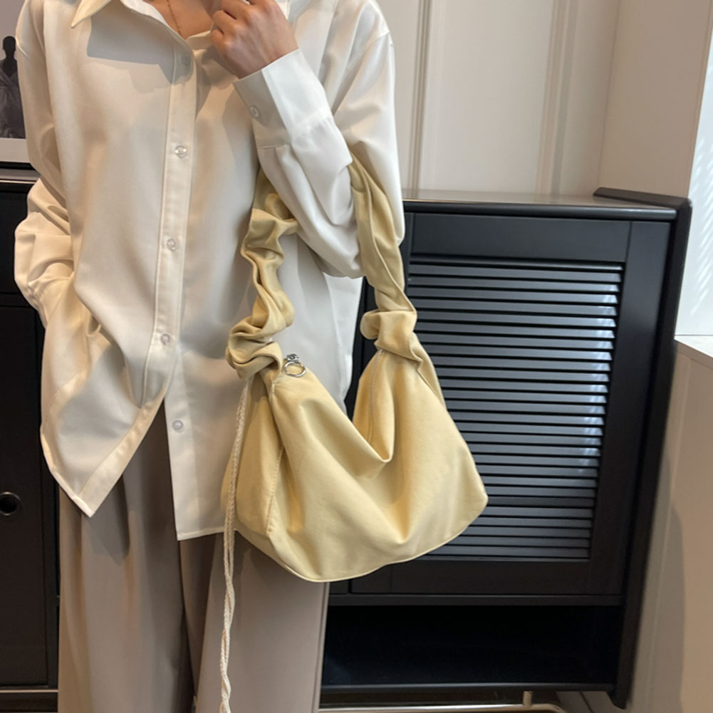 Korean Style Women's Pleated Shoulder Bags Simple Drawstring Canvas Tote Solid Color Portable Leisure Handbag Large Capacity Bag