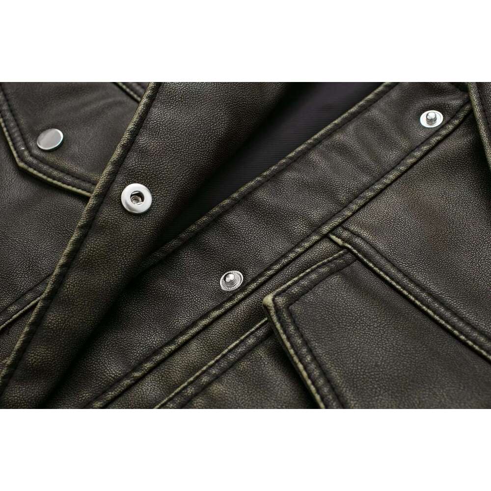 shanshi leather jacket women Wind new women's lapel pocket single breasted faux leather short jacket jacket facing