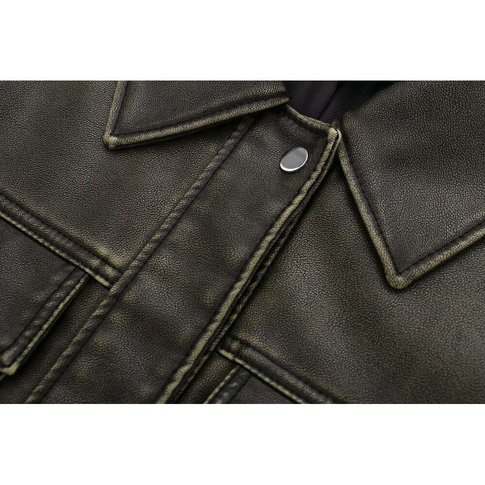shanshi leather jacket women Wind new women's lapel pocket single breasted faux leather short jacket jacket facing