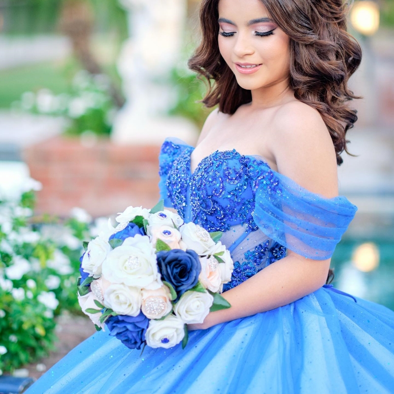 Blue Shiny Quinceanera Dresses Lace Appliques Beading Tull Off the Shoulder Princess Ball Gown For Sweet 16 Vestidos 15 De Novia