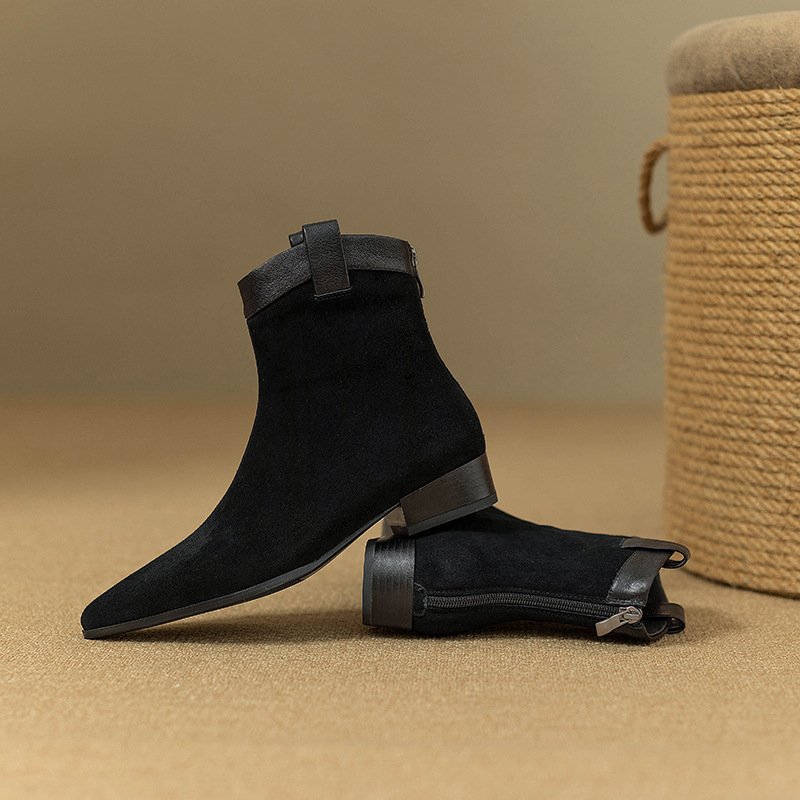 Chunky Heel Ankle Boots:Soft Leather Pointed Toe Winter Shoes for Women,Black/Brown 0f66