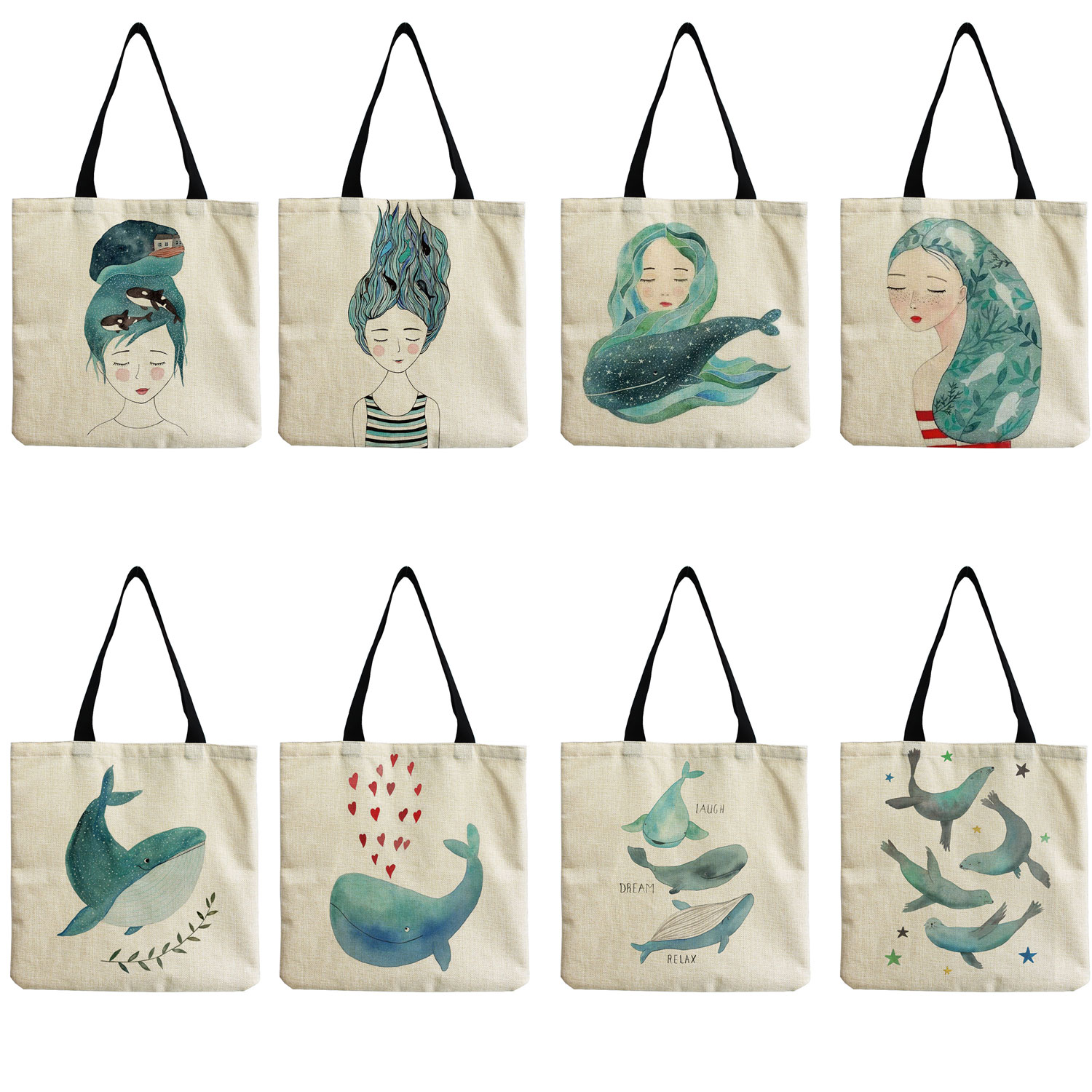 Cute Whale Sea Series Eco Friendly High Capacity Women Shoulder Handbag Beach Tote Bag Customizable For School Teacher Gift Bag