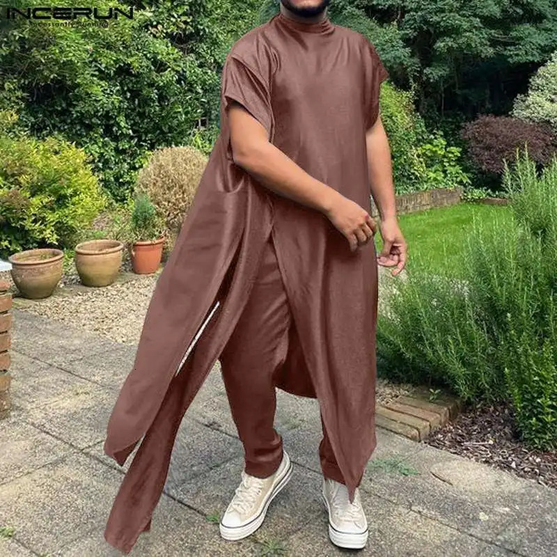 Men Sets Solid Color O-neck Sleeveless Kaftan Muslim Shirt Pants 2PCS Islamic Arabic Clothing Mens Suits S-5XL INCERUN 240402