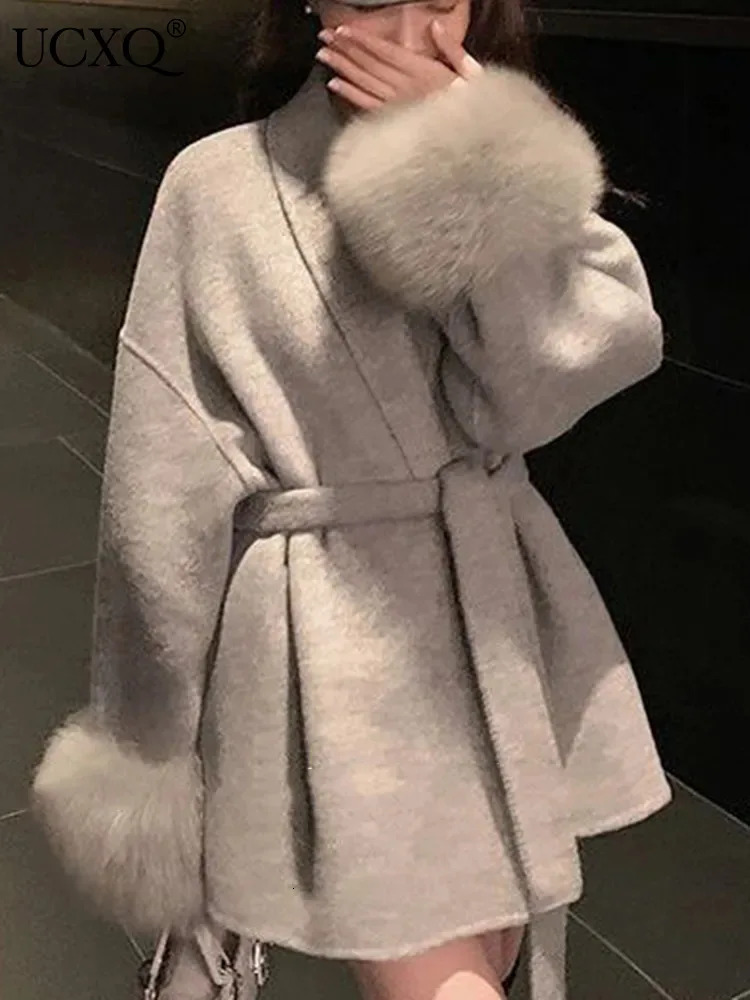 UCXQ Elegant OL Office Womens Coat Fur Patch Work Long Sleeve Wool Coat Beautiful Womens Clothing Jacket Autumn 2024 Spring 241111