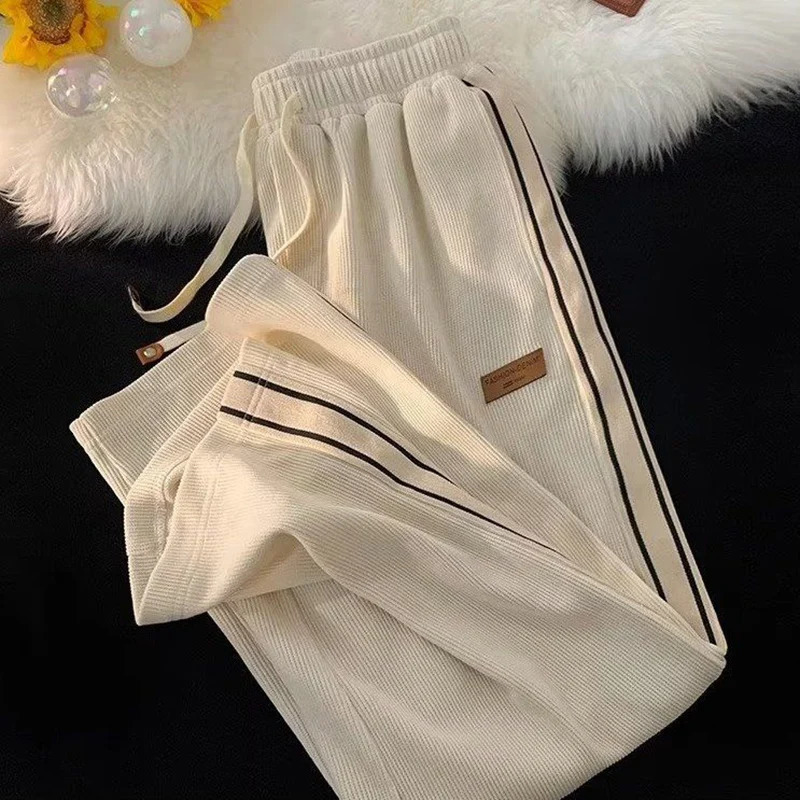 2024 Striped Corduroy Sweatpant Streetwear Drawstring Wide Leg Pants Woman Y2K Harajuku High Waist Baggy Trousers Female 241108