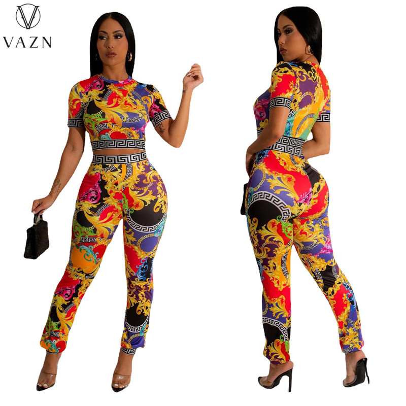 VAZN 2023 Women Street Girl Style Sets New Short Sleeve Round Neck Short Top Elastic Long Pants Printed Lady 2 Piece Set