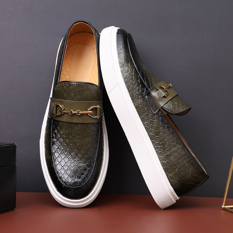 Casual Men's Emed Leather Men Fashion Buckle Loafers Mens Slip-on Board Shoes Outdoor Flats c385 s