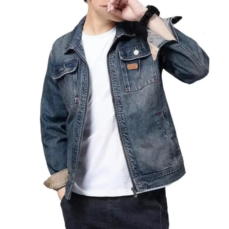 Mens denim paired with a one-piece jacket 241108