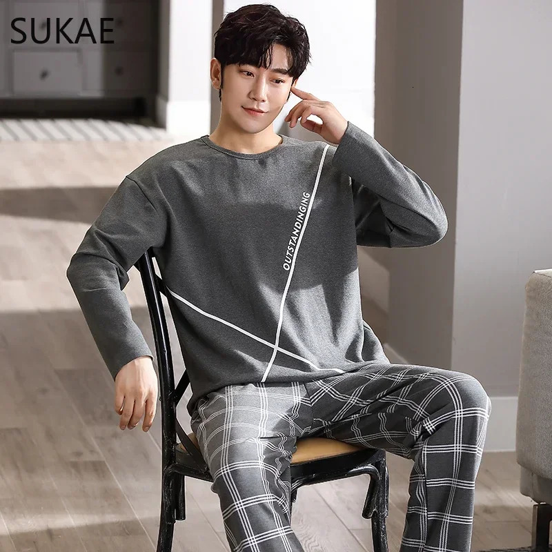 SUKAE y Navy Mens Sleepwear Autumn Winter Cotton Man Pajama Long Sleeves Homewear Gentleman L4XL Big Minimalist Pijama 241111