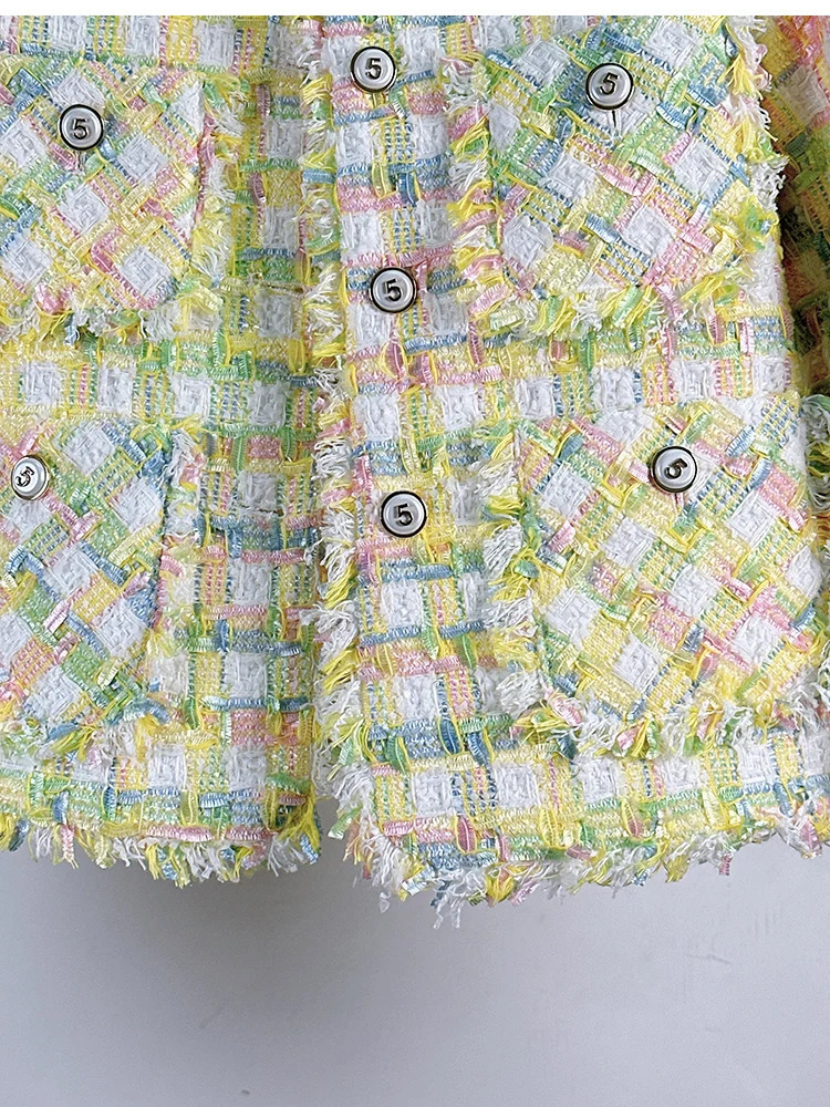 Fall Tweed Jacket Women Vintage Elegant Oneck Double Pockets Outwear Office Lady Fashion Tops Coat 241111