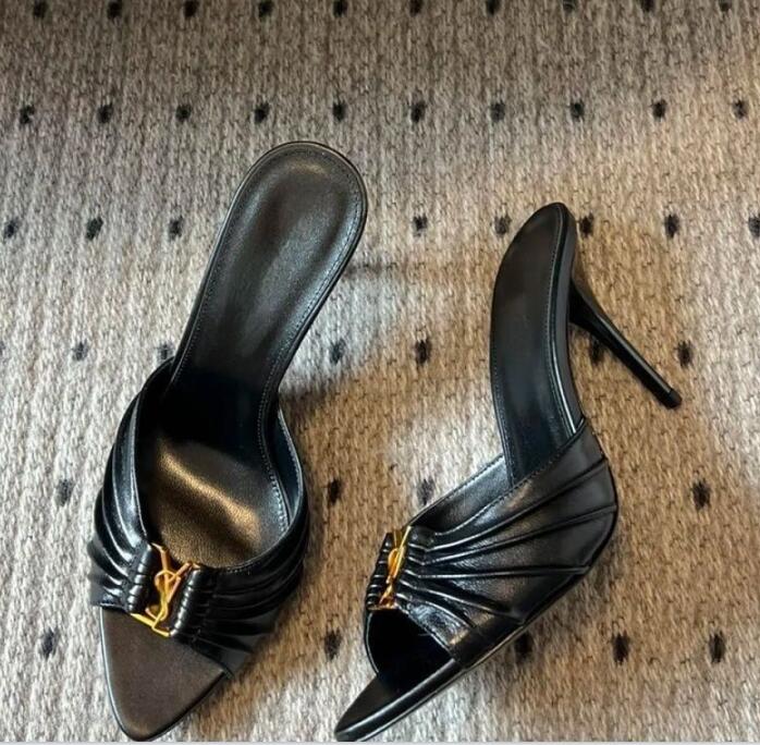 Summer interlocking Stiletto Heel slides Slippers Round Toes Slip On top quality sandals Cut-Outs letter buckle dermis mules women's Luxury Designers evening shoes