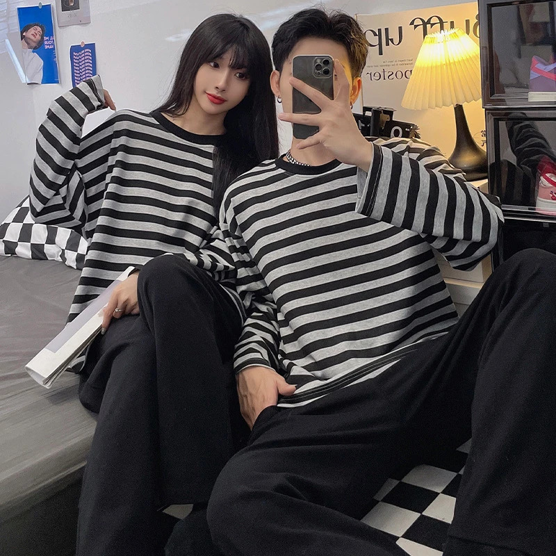 Cotton Men Pajamas Plus Size Autumn and Winter Striped LongSleeved Trousers 2 Piece Set Sleepwear Casual Breathable Home Wear 241111