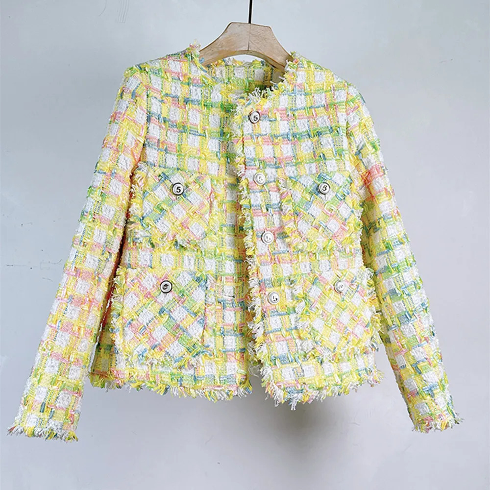 Fall Tweed Jacket Women Vintage Elegant Oneck Double Pockets Outwear Office Lady Fashion Tops Coat 241111