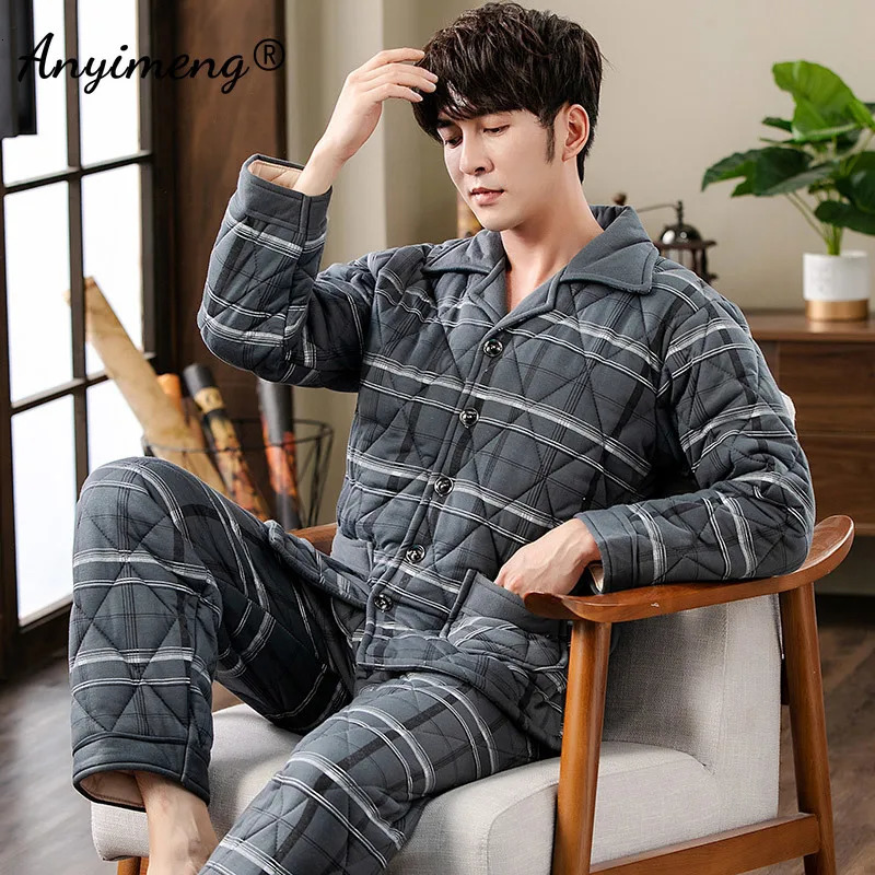 Winter Men Pajama Sets Thick Warm Three Layer Cotton Wine Red Plus Size L3XL Nightwear Man Pijamas 241111