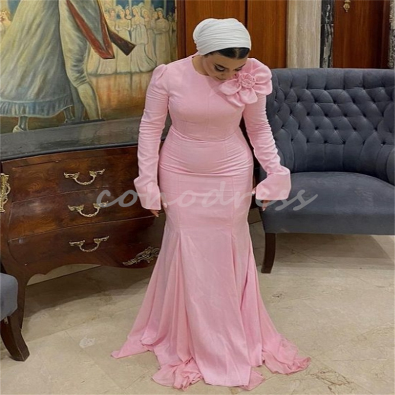 Pink Arabic Mermaid Evening Dress Elegant Long Sleeve Muslim Islamic Dubai Prom Dresses With Flowers Formal Party Charming Engagement Reception Dress 