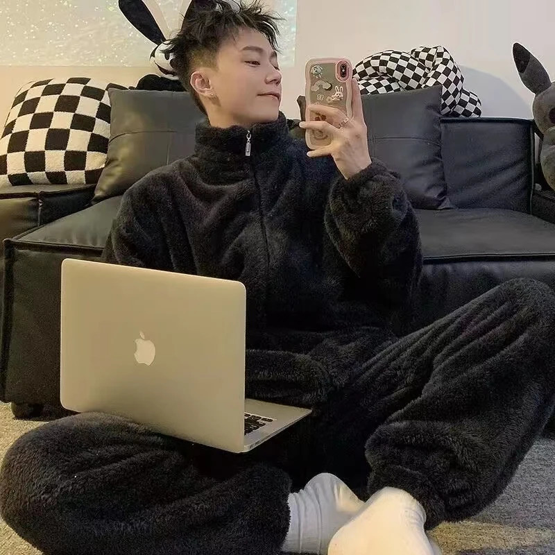 Winter Coral Fleece Warm Man Pajamas Round Neck Cardigan 2 Piece Outfit Set Mans Fashion Solid Color Pajama Sets for 241111