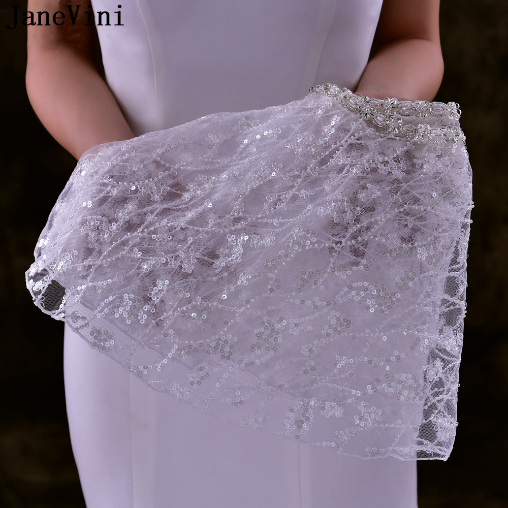JaneVini Luxury Sequined Wedding Shawl Boleros Sparkly Beaded Pearl Bridal Coat Wraps Party Capes Tulle Lace Flowers Jacket Top