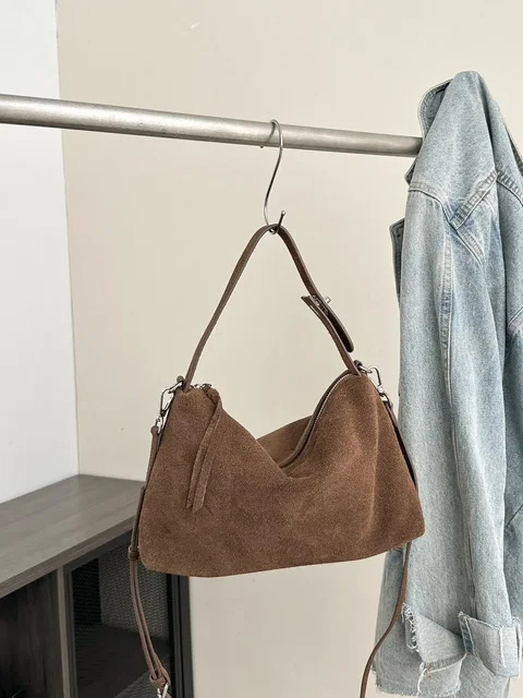 Soft Matte Suede Women's Handbag Autumn Cowhide Shoulder Crossbody Bag Simple Leather Colletion Grey Brown Tote New For Winter Genuine Leather Zi