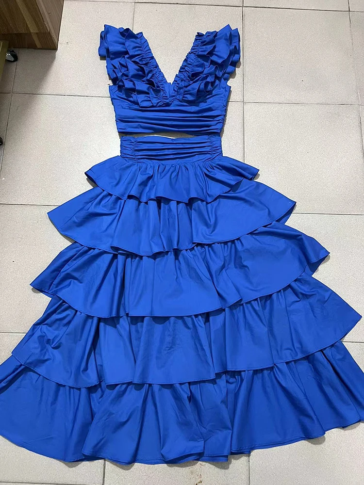 VGH Solid Two Piece Sets For Women V Neck Butterfly Sleeve Folds Crop Tops High Waist Tierred Pleated Skirt Casual Set Female