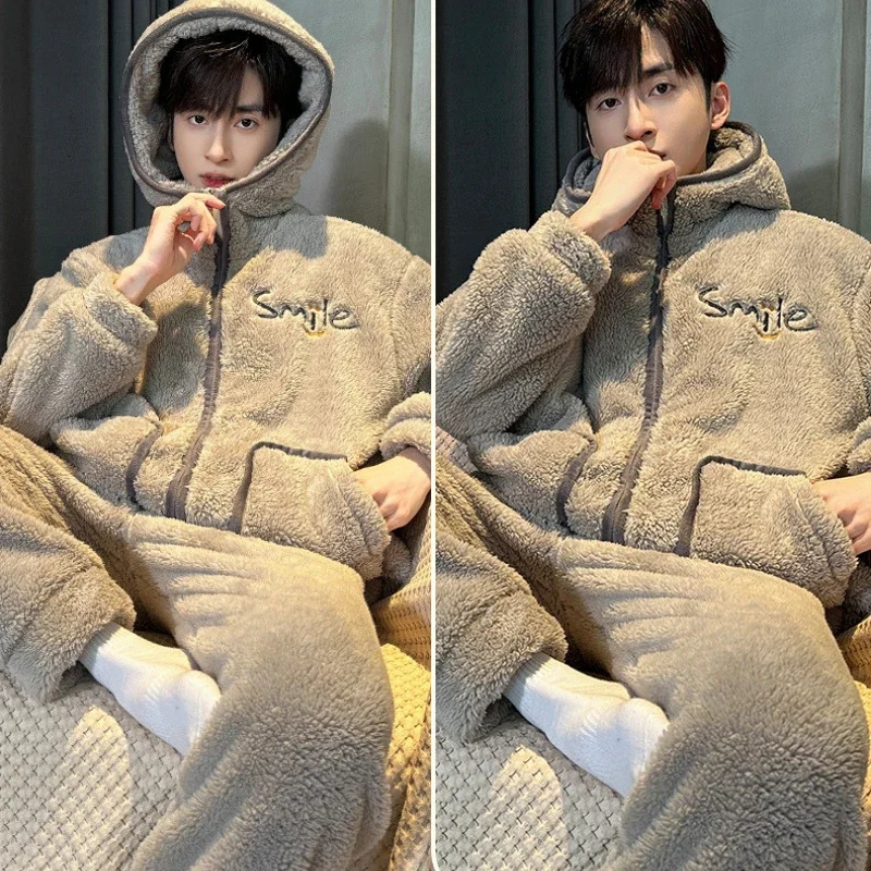 Coral Fleece Pajama Sets Men Winter Warm Sleepwear Long Sleeve Trouser Pajamas Flannel Thick Homewear Zipper Hooded 241111