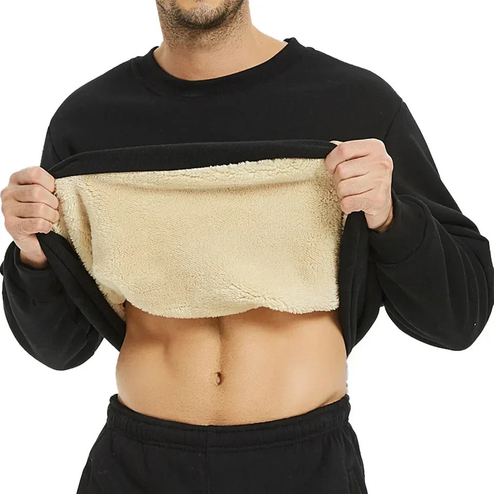 Mens Winter Warm Fleece Lined T Shirt Thick Crew Neck Solid Basic Pullover Sweatshirt Thermal Comf Underwear Tops Clothing 241111